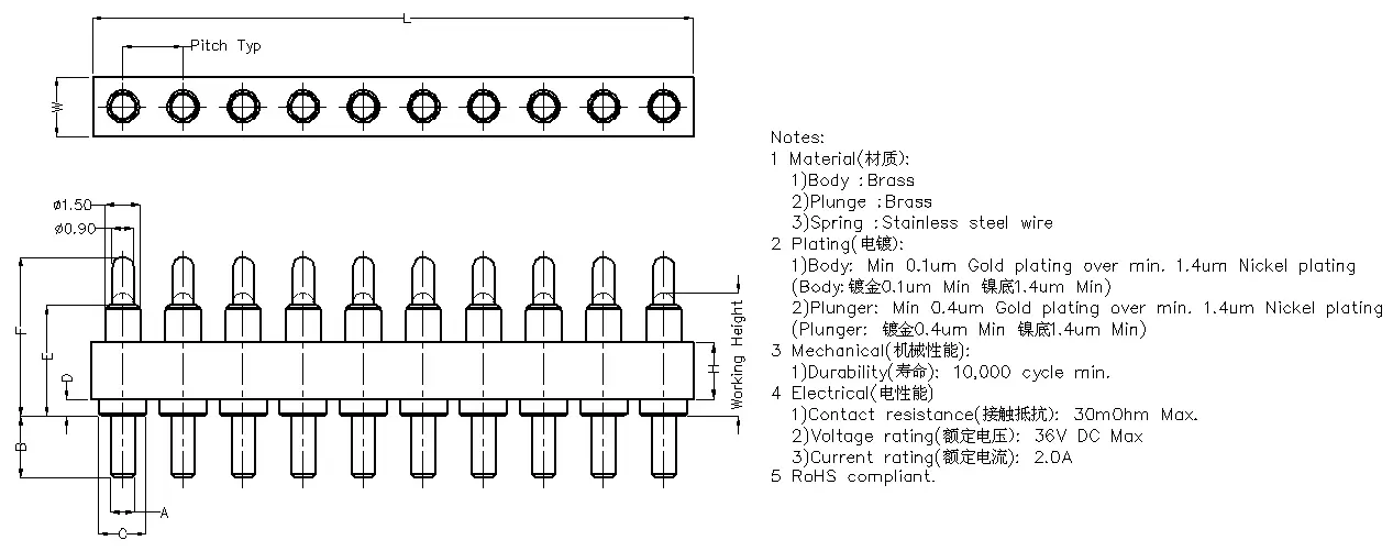 10PIN直立PogoPin连接器 10P平底式弹簧顶针连接器10P直立